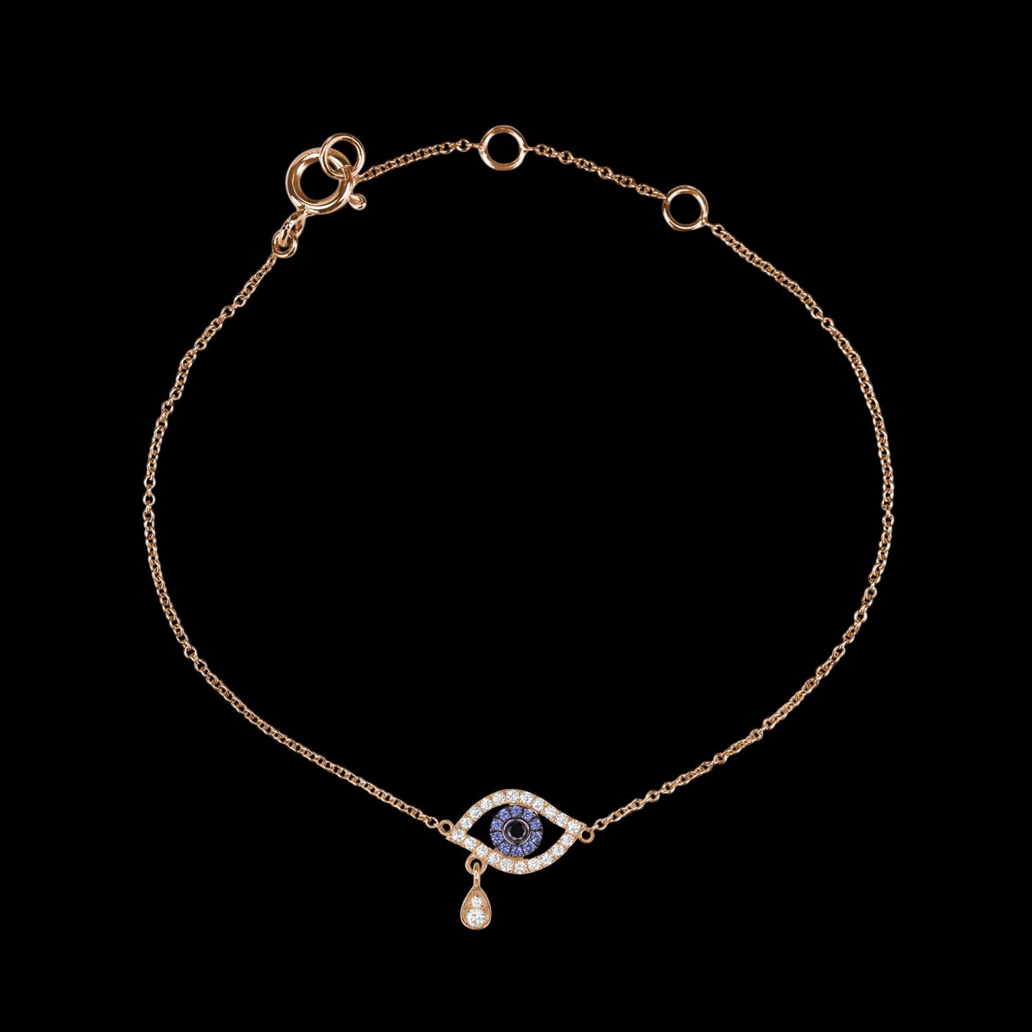 Custom 18kt pink gold evil eye bracelet set with diamonds and blue sapphires. View 2. FRIDA | Fine Jewellery.