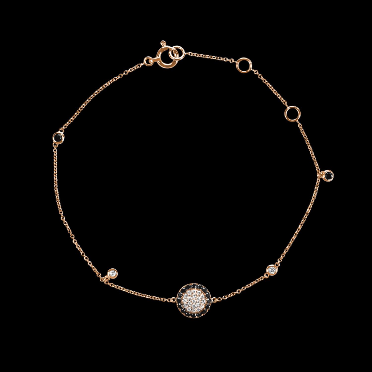 Custom 18kt pink gold floating disk bracelet with white and black diamonds. View 2. FRIDA | Fine Jewellery.