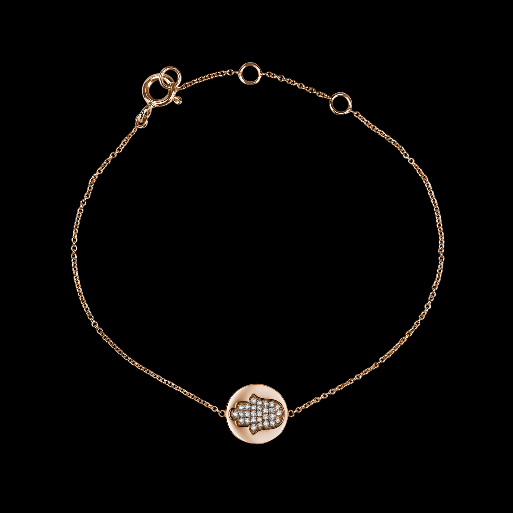 Custom 18kt pink gold hamsa hand disk bracelet set with diamonds. View 2. FRIDA | Fine Jewellery.