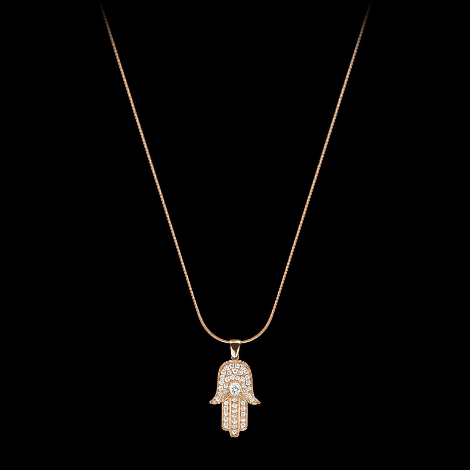 Custom 18kt pink gold large hamsa hand pendant with diamonds. FRIDA | Fine Jewellery.