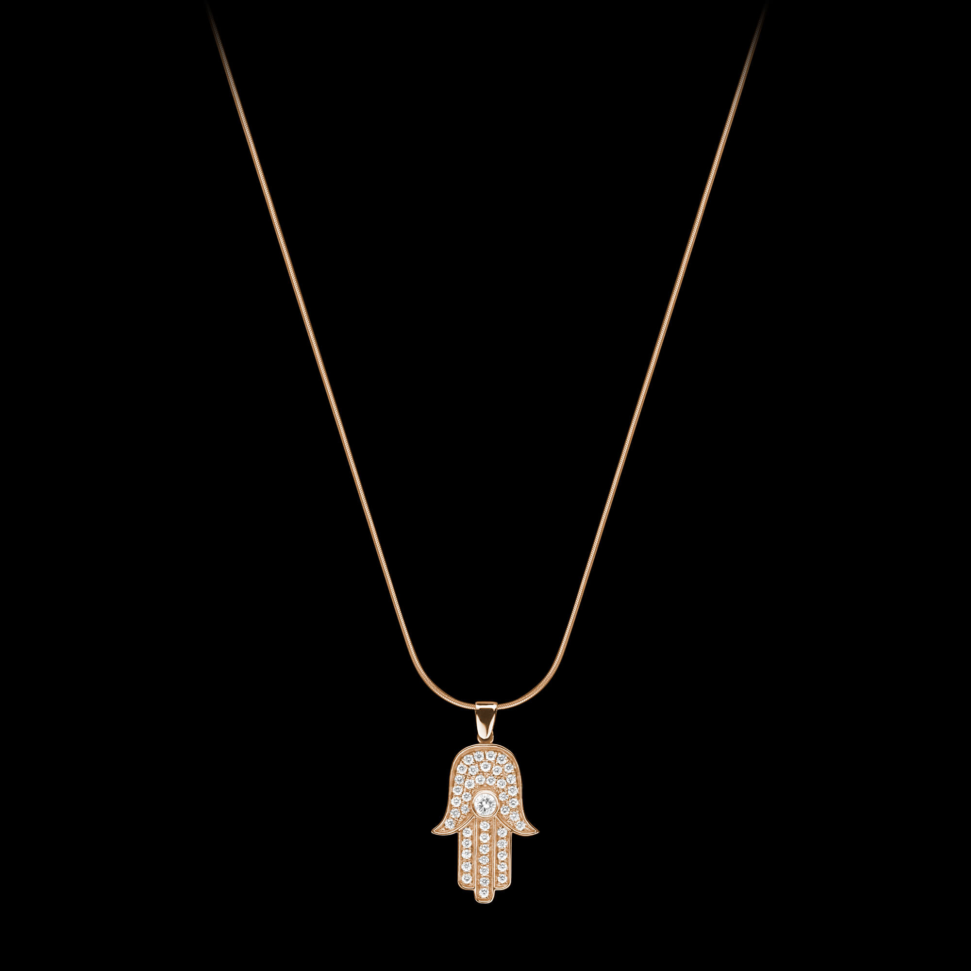 Custom 18kt pink gold large hamsa hand pendant with diamonds. FRIDA | Fine Jewellery.