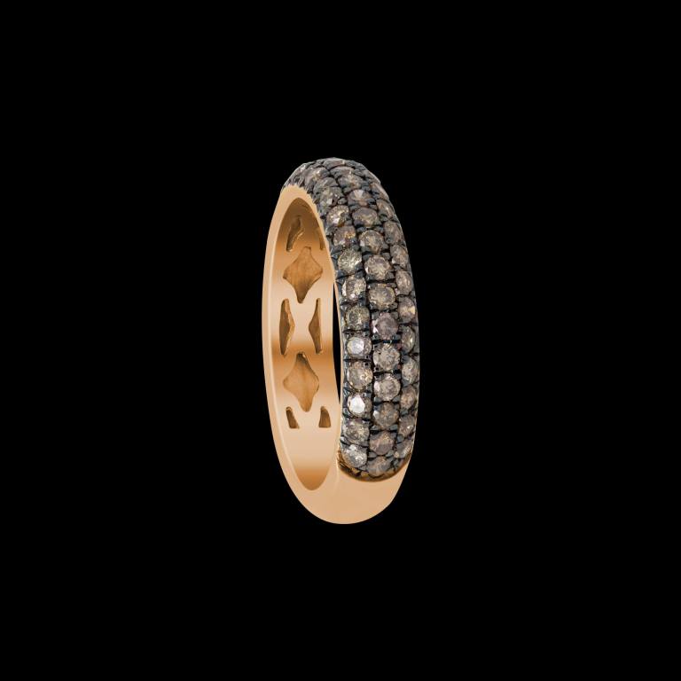 Custom 18kt pink gold stacking band ring with three rows of pave champagne diamonds. FRIDA | Fine Jewellery.