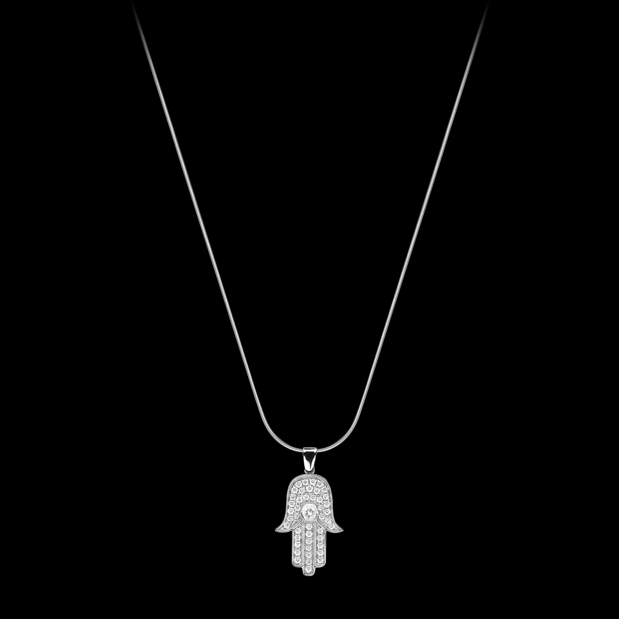 Custom 18kt white gold large hamsa hand pendant with diamonds. FRIDA | Fine Jewellery.