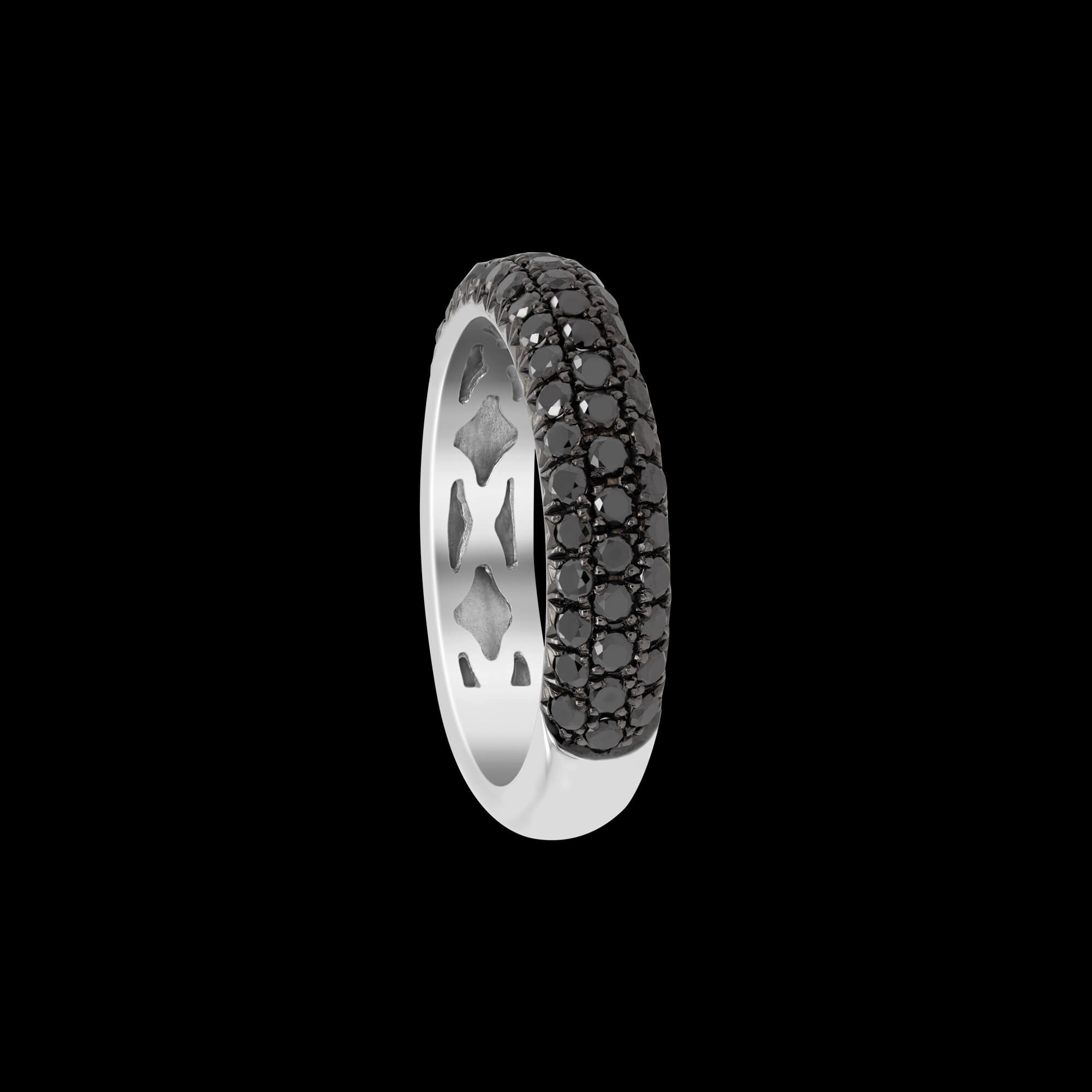 Custom 18kt white gold stacking band ring with three rows of pave black diamonds. FRIDA | Fine Jewellery.