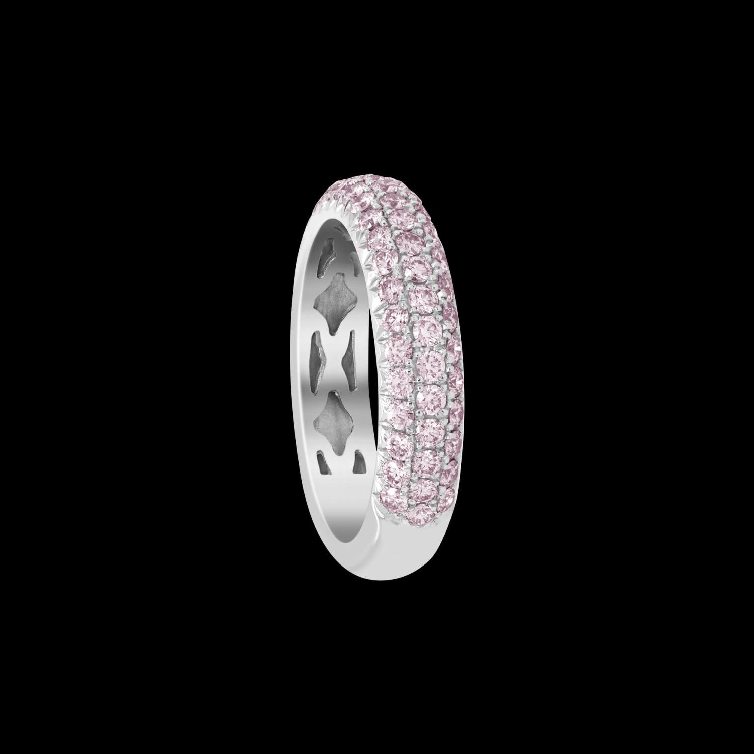 Custom 18kt white gold stacking band ring with three rows of pave pink diamonds. FRIDA | Fine Jewellery.
