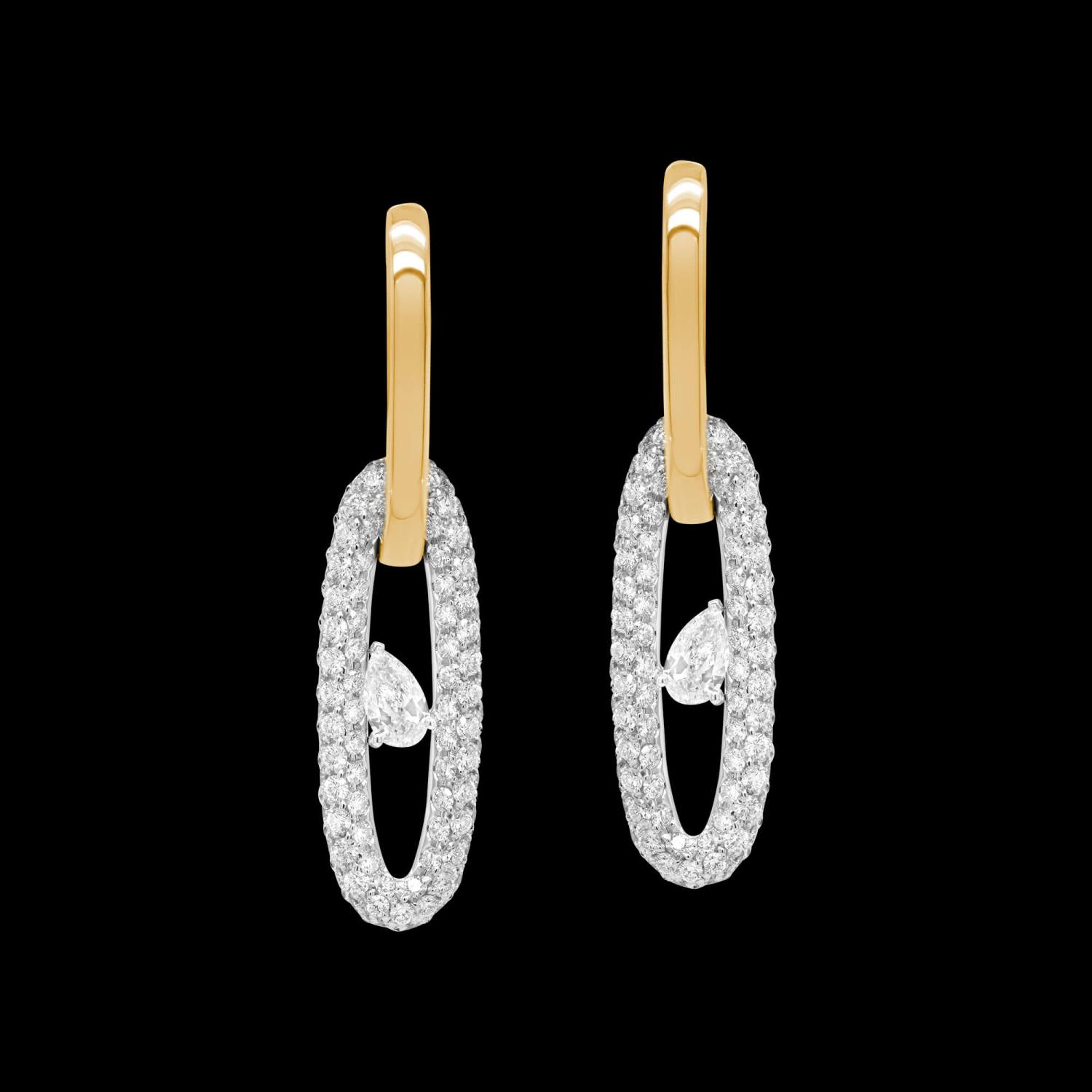 Custom 18kt yellow and white gold oval drop earrings with pave and pear diamonds. FRIDA | Fine Jewellery.