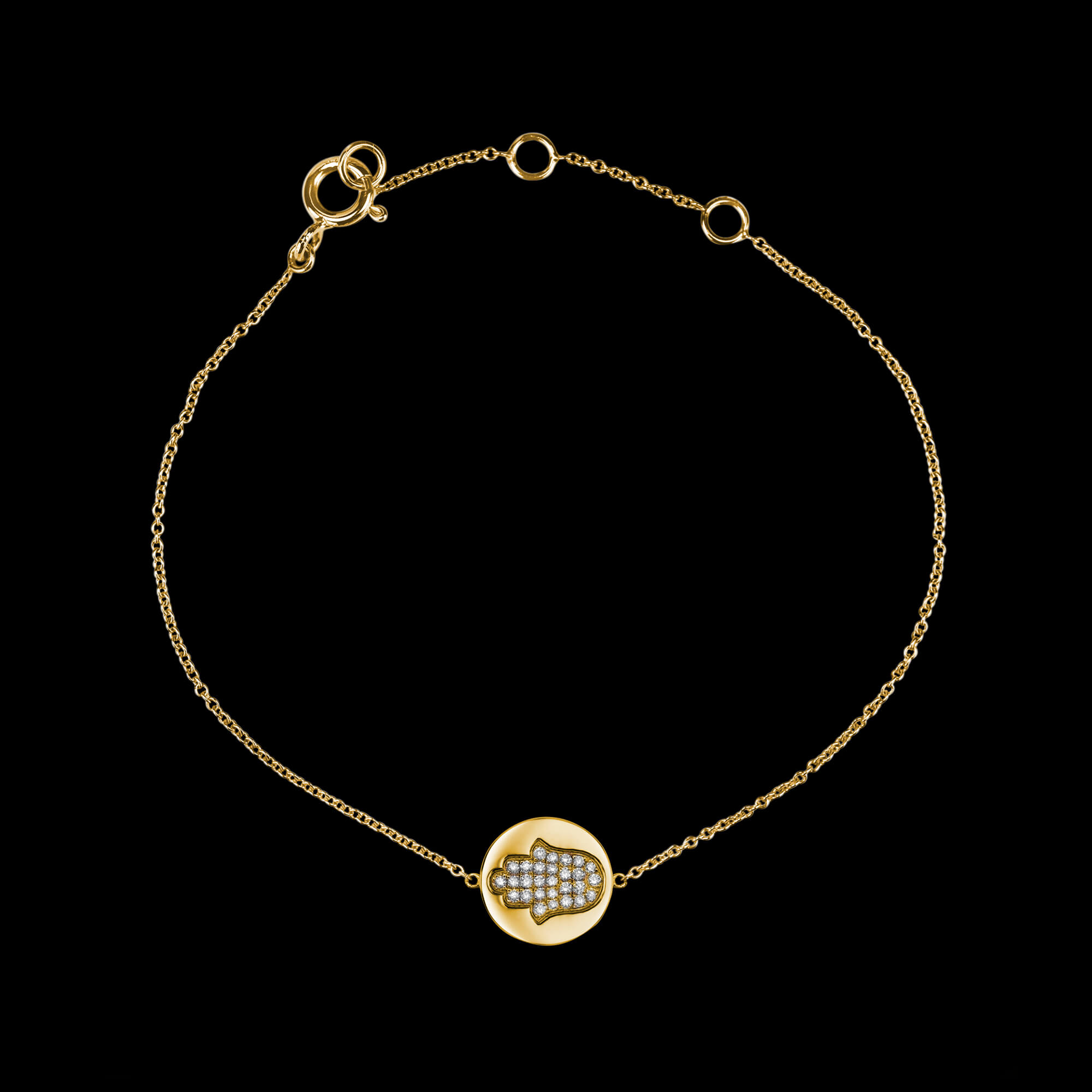 Custom 18kt yellow gold hamsa hand disk bracelet set with diamonds. View 2. FRIDA | Fine Jewellery.