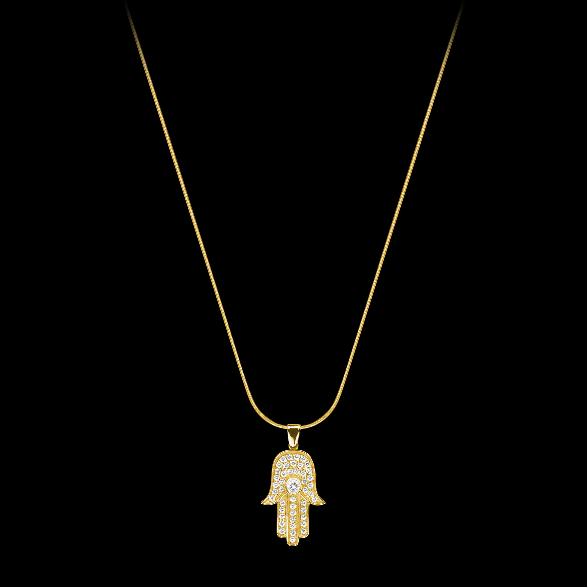Custom 18kt yellow gold large hamsa hand pendant with diamonds. FRIDA | Fine Jewellery.
