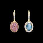 Custom 18kt yellow gold medium double-faced Nanis drop earrings with diamonds, topaz and pink sapphires | Italian Brand. FRIDA | Fine Jewellery.