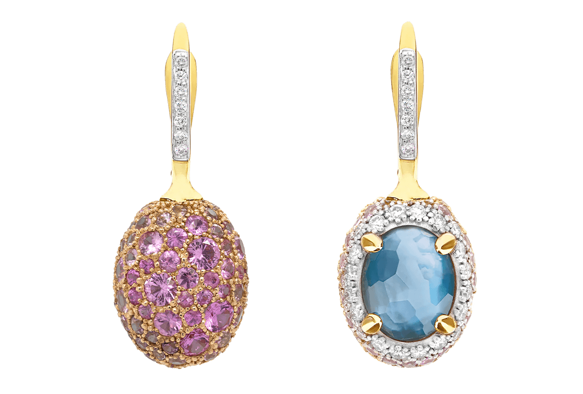 Custom 18kt yellow gold medium double-faced Nanis drop earrings with diamonds, topaz and pink sapphires | Italian Brand. FRIDA | Fine Jewellery.