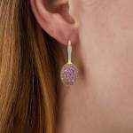 Custom 18kt yellow gold medium double-faced Nanis drop earrings with diamonds, topaz and pink sapphires. Perspective 2 | Italian Brand. FRIDA | Fine Jewellery.