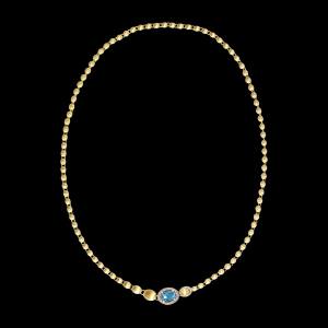 Custom 18kt yellow gold slim convertible Ivy Nanis statement necklace with diamonds, blue topaz and pink sapphires. Full 2 | Italian Brand. FRIDA | Fine Jewellery.