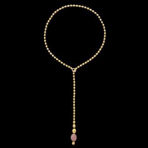 Custom 18kt yellow gold slim convertible Ivy Nanis statement necklace with diamonds, blue topaz and pink sapphires. Lariat 2 | Italian Brand. FRIDA | Fine Jewellery.