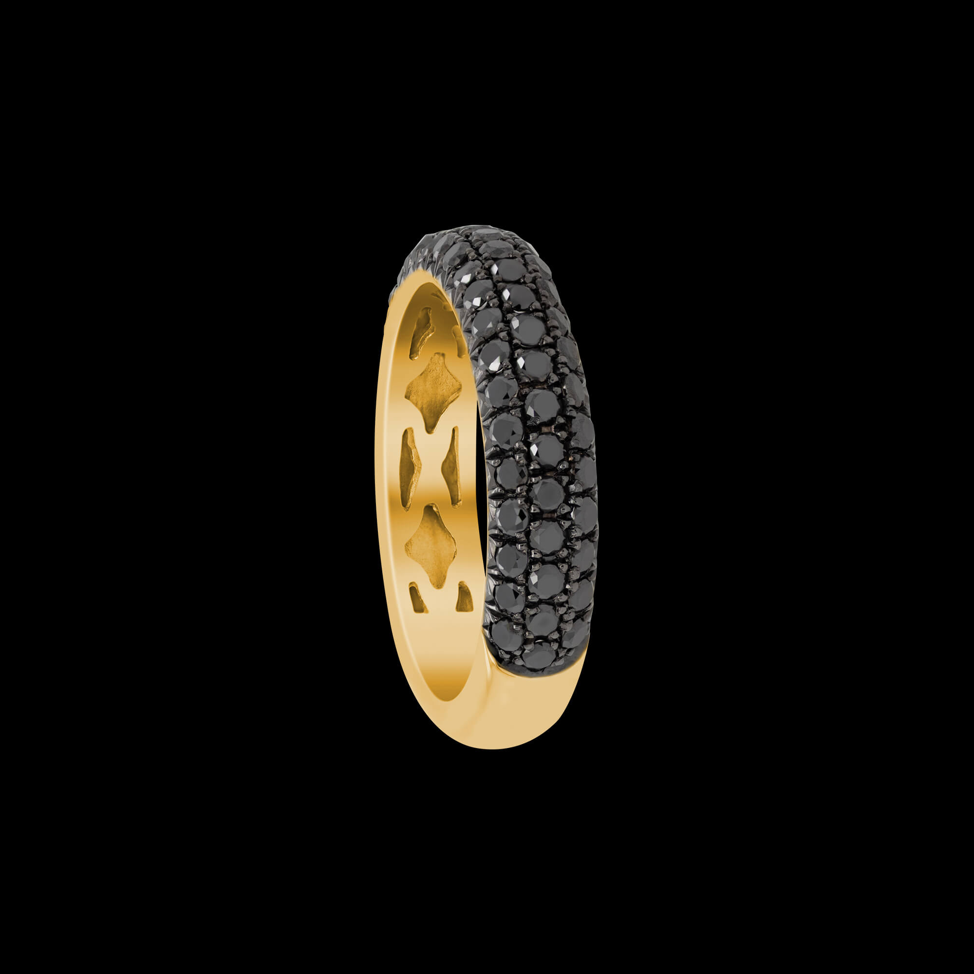 Custom 18kt yellow gold stacking band ring with three rows of pave black diamonds. FRIDA | Fine Jewellery.