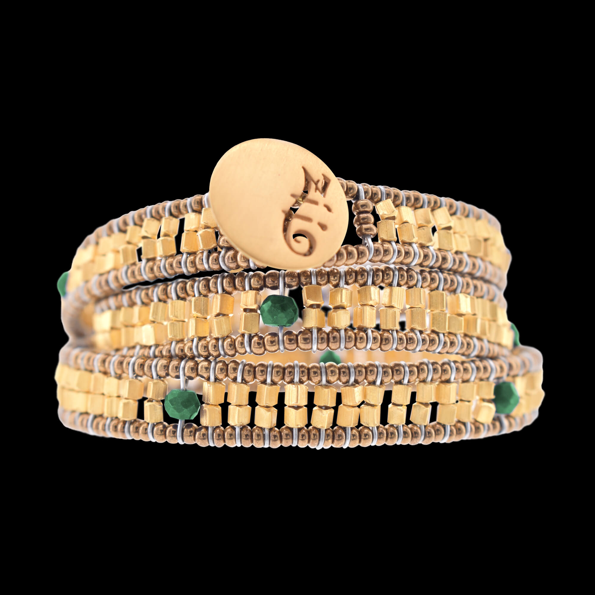 Green Bombay boa wrap bracelet gold-plated brass and Murano glass beads. Featured Brand | ZIIO. FRIDA | Fine Jewellery.