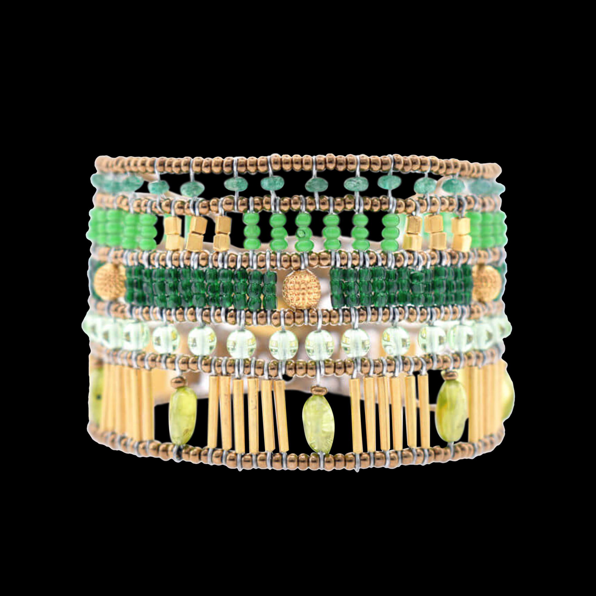 Green Bombay bracelet with peridot, aventurine, gold-plated brass, Murano glass beads and sterling silver. Featured Brand | ZIIO. FRIDA | Fine Jewellery.