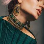 Green Bombay earrings with peridot, gold-plated brass, Murano glass beads and sterling silver. Model. Featured Brand | ZIIO. FRIDA | Fine Jewellery.