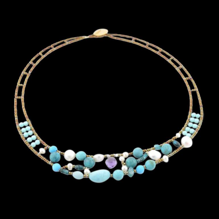 Handmade Italian Shinju necklace with amazonite, amethyst, Murano glass beads, turquoise, freshwater pearls and silver | ZIIO. Featured brand. FRIDA | Fine Jewellery.