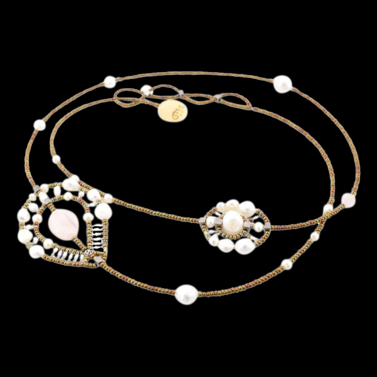 Handmade Italian Shinju wrap necklace with morganite, mother of pearl, silver and murano glass beads. ZIIO. Featured brand. FRIDA | Fine Jewellery.
