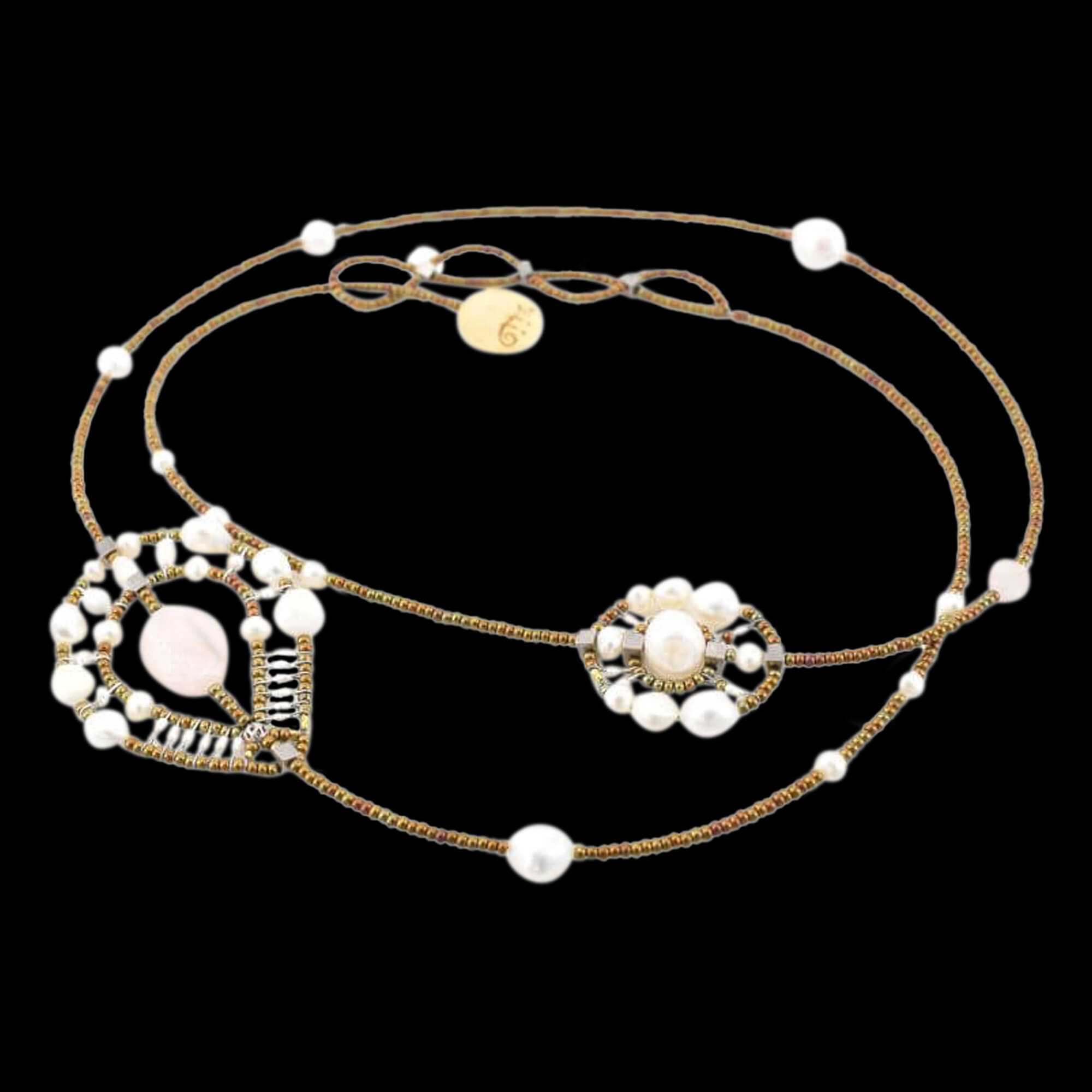 Handmade Italian Shinju wrap necklace with morganite, mother of pearl, silver and murano glass beads. ZIIO. Featured brand. FRIDA | Fine Jewellery.