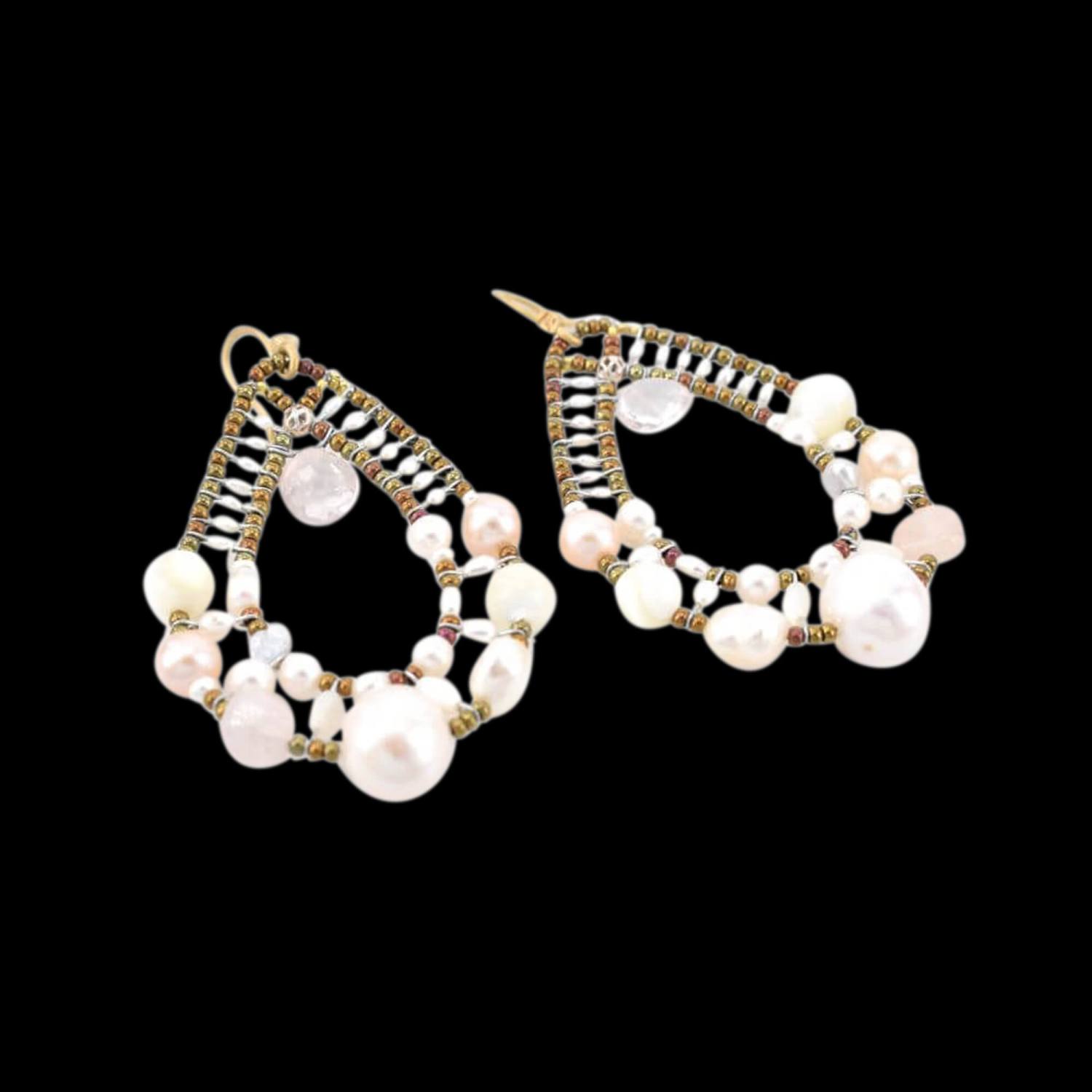 Handmade Italian Sinju earrings with morganite, mother of pearl, silver and murano glass beads. ZIIO. Featured brand. FRIDA | Fine Jewellery.