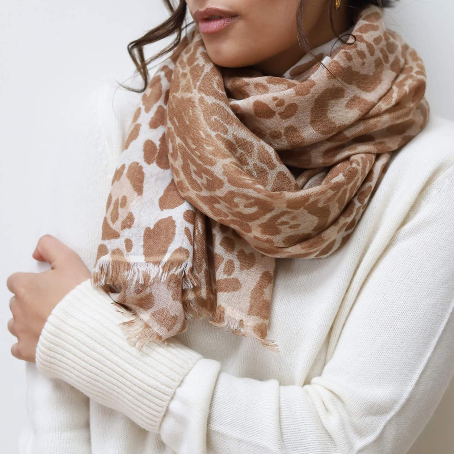 Handmade luxury Himalayan cashmere scarf. PAVA Cashmere. Calico Leopard Print. Wrap. FRIDA | Fine Jewellery.