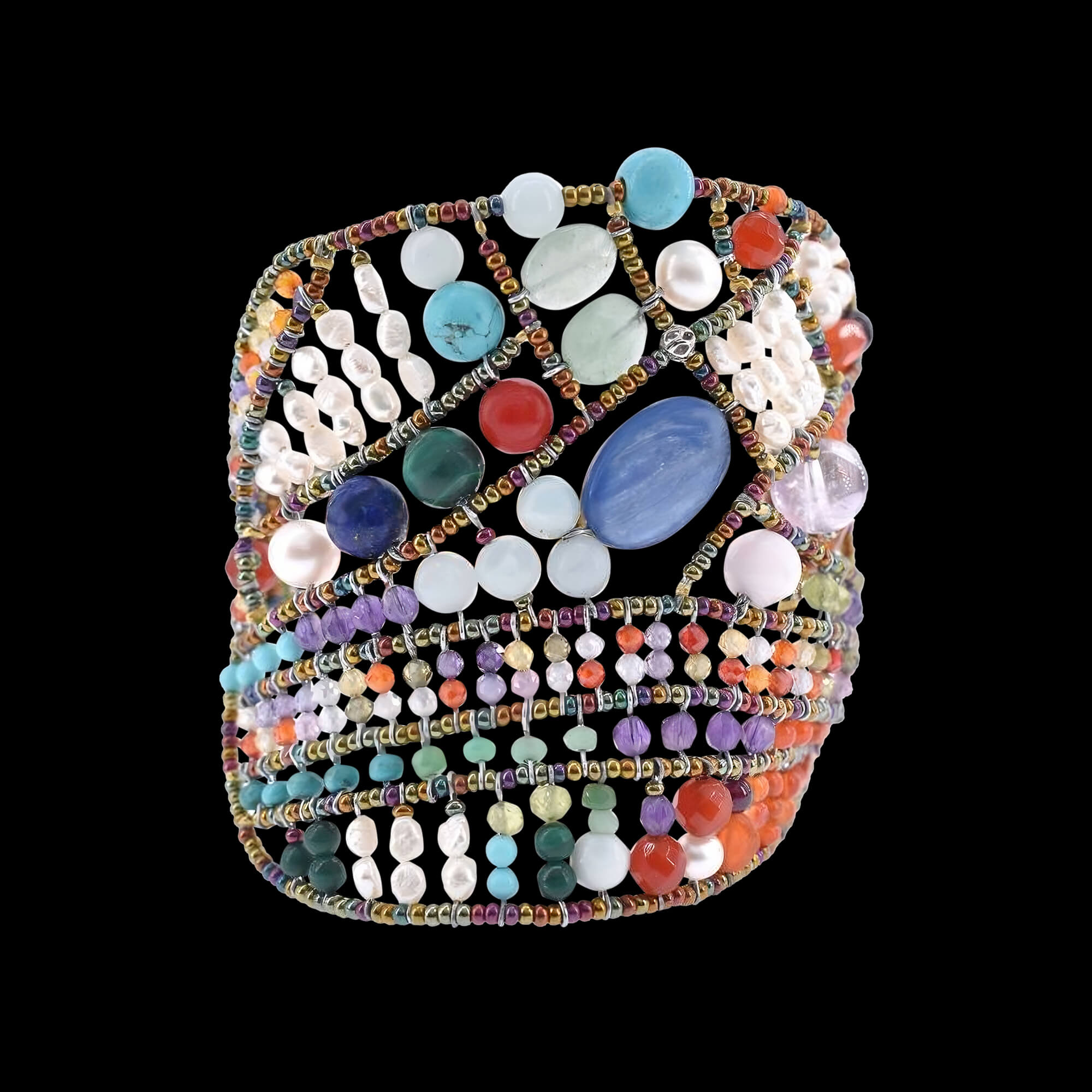 Multi Shinju bracelet with multi-coloured semi precious stones, fresh water pearls, brass, Murano glass beads and silver. Featured Brand | ZIIO. FRIDA | Fine Jewellery.