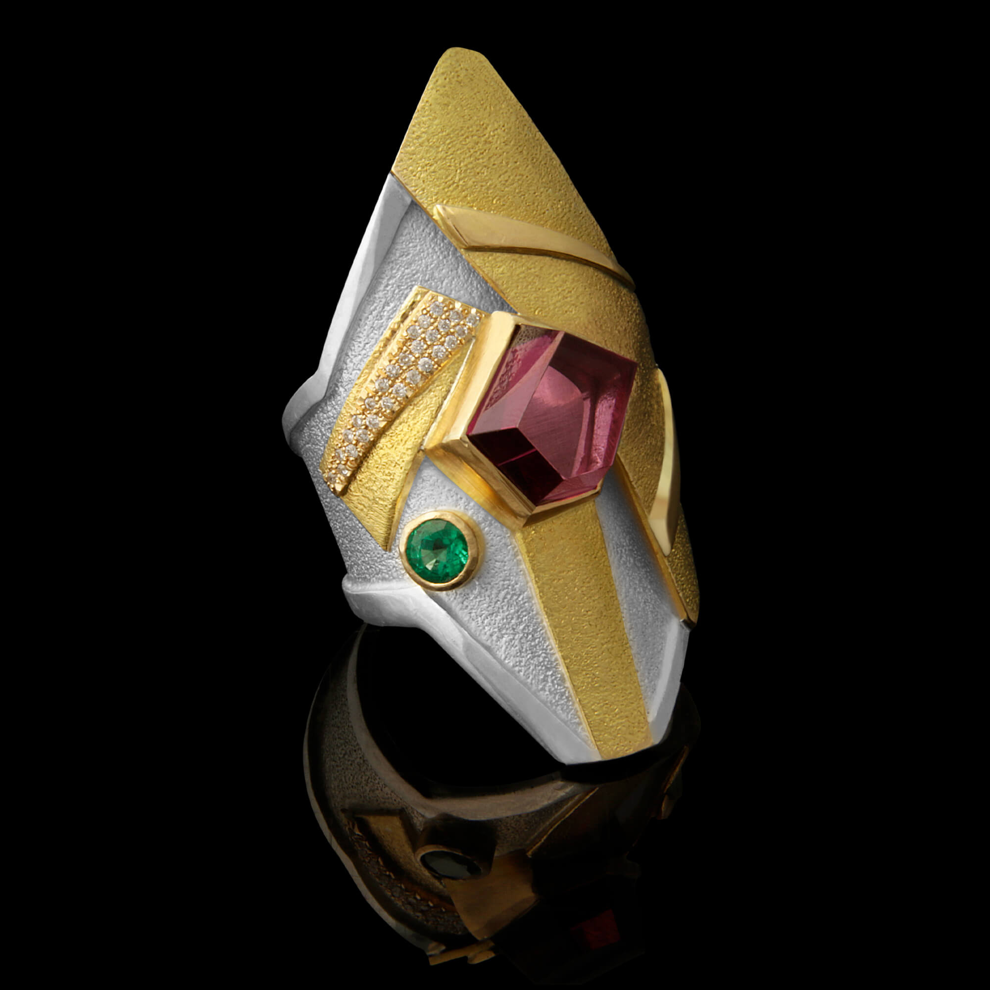 One-of-a-kind Vala ring in sterling silver and 18kt yellow gold with a Siberite tourmaline, emerald and diamonds | Shield Collection. Canadian Jeweller Magazine Feature. FRIDA | Fine Jewellery.