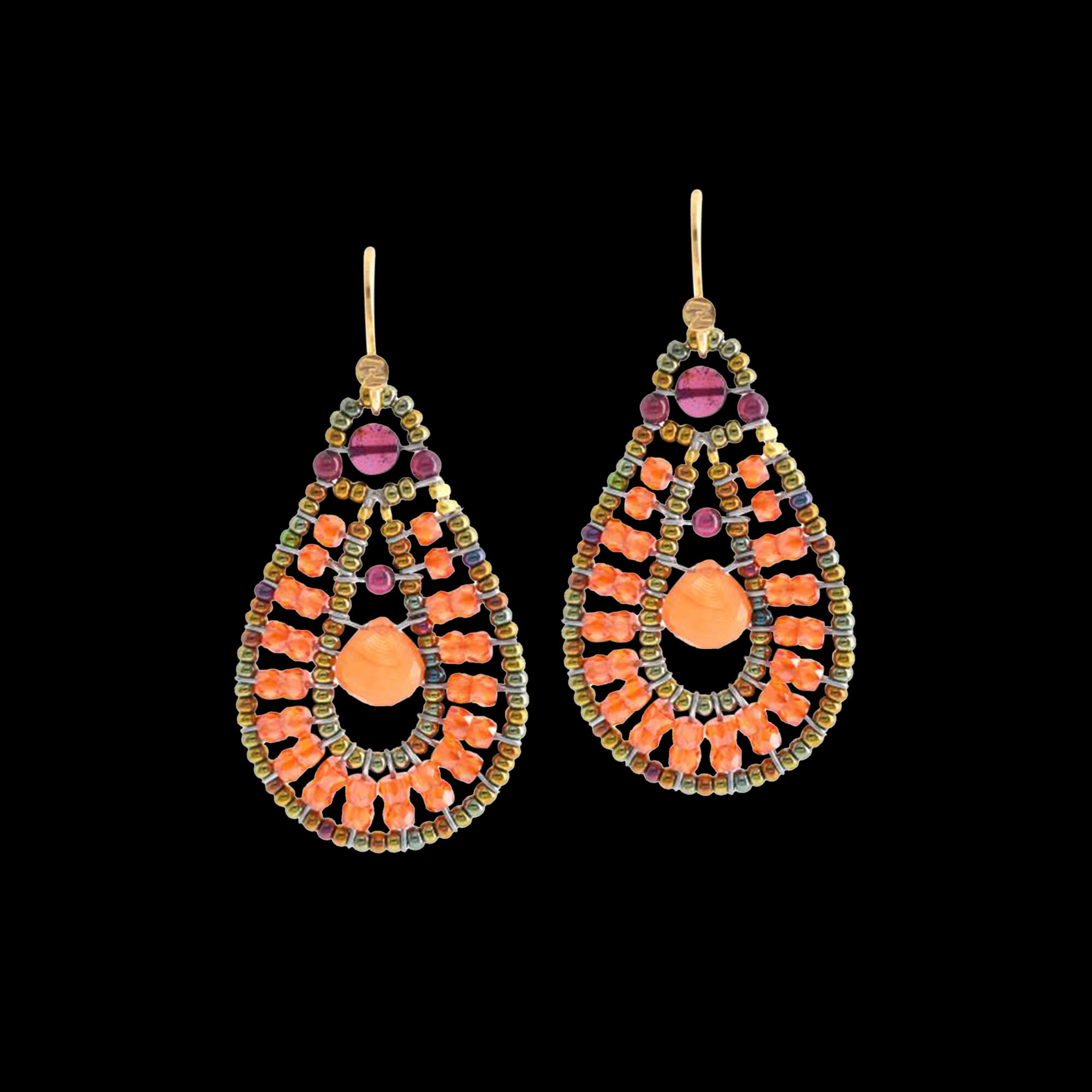 Orange Tabiz earrings with carnelian, garnet, zirconia, brass, Murano glass beads and sterling silver. Featured Brand | ZIIO. FRIDA | Fine Jewellery.