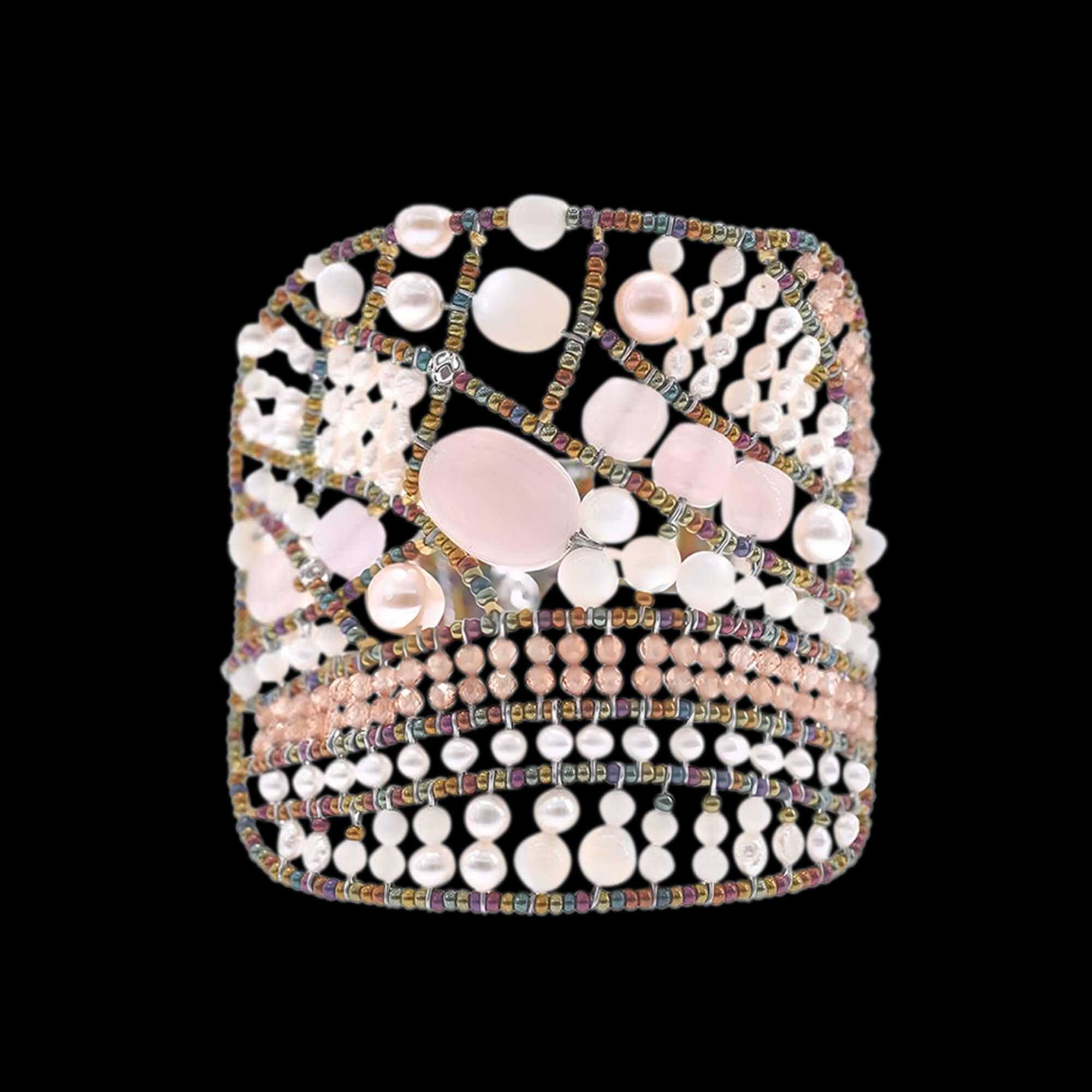 Pearl SHINJU with semi precious stones, morganite, zirconia, mother of pearl, fresh water pearls, brass, Murano glass beads and sterling silver. Featured Brand | ZIIO. FRIDA | Fine Jewellery.