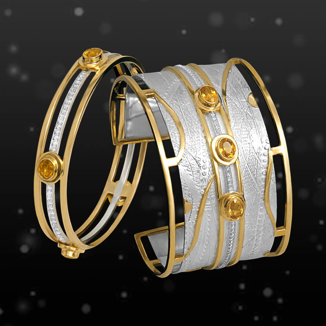 Custom 18kt cuff and bangle with yellow sapphires and diamonds. Category bracelets and cuffs. Holidays. FRIDA | Fine Jewellery.