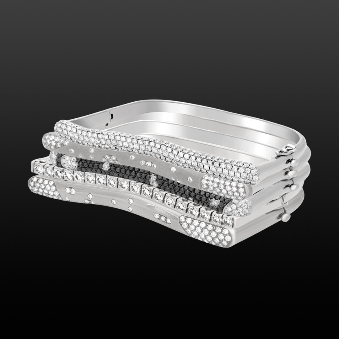 Custom 18kt gold and diamond stacking Strata bracelets. Category bracelets. FRIDA | Fine Jewellery.
