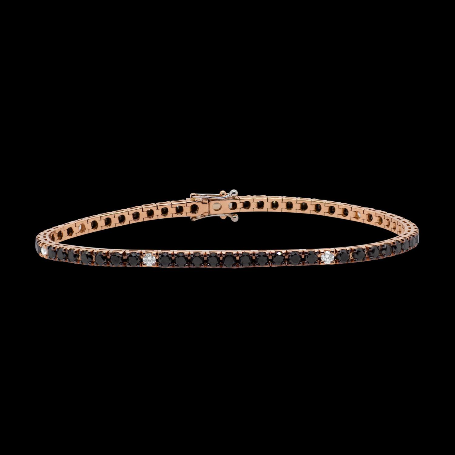 Custom 18kt pink gold men's tennis bracelet with black and white diamonds. Front. FRIDA | Fine Jewellery.