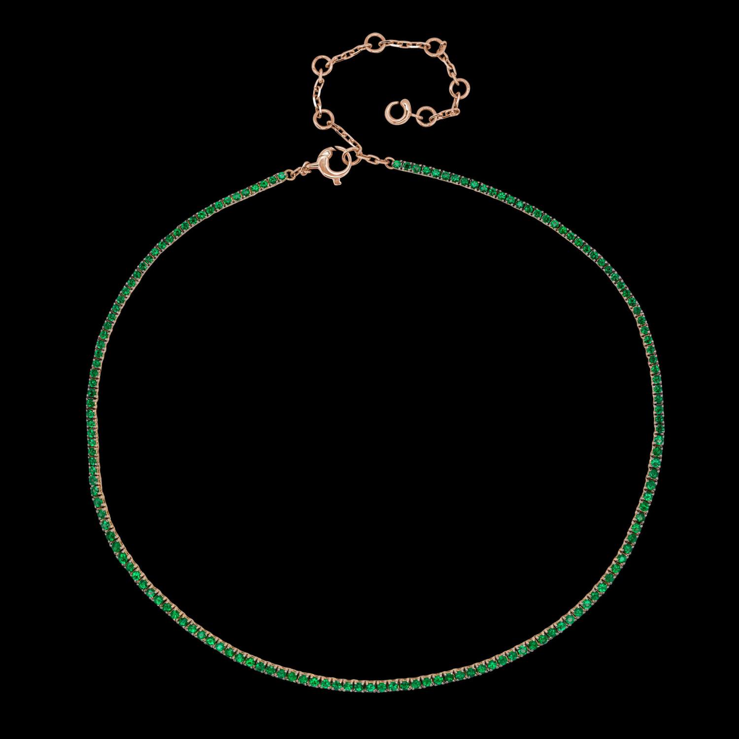 Custom 18kt pink gold tennis necklace with 4ct Columbian emeralds. FRIDA | Fine Jewellery.