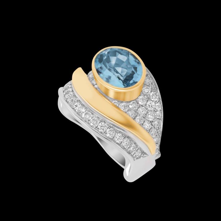 Custom 18kt white and yellow gold Wave ring with an oval aquamarine and pave diamonds | Ocean Collection. FRIDA | Fine Jewellery.