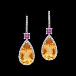 Custom 18kt white gold drop earrings with pear-shaped citrine, pink sapphires and diamonds. FRIDA | Fine Jewellery.