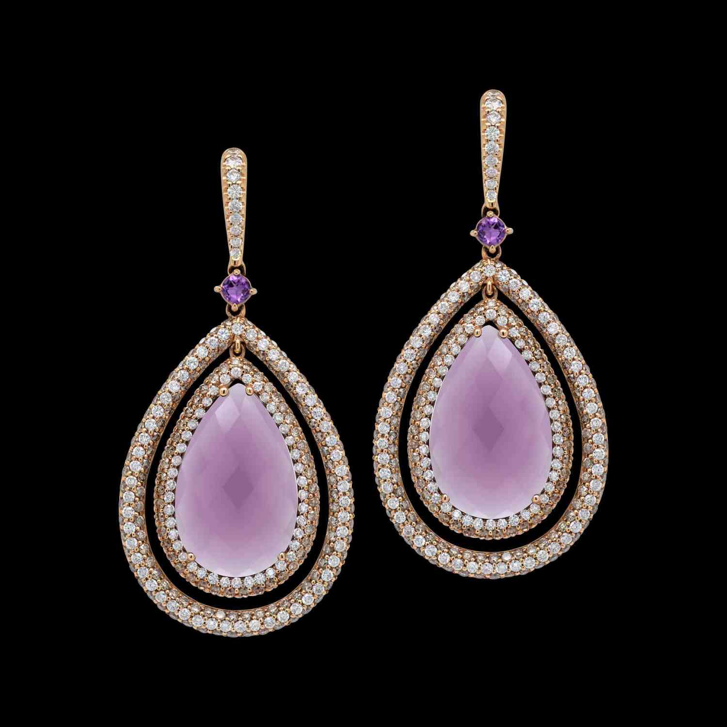 Custom 18kt pink gold statement drop earrings with faceted pear amethyst, white and champagne diamonds. FRIDA | Fine Jewellery.