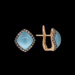 Custom 18kt pink gold stud earrings with blue topaz and champagne diamonds. Side. FRIDA | Fine Jewellery.