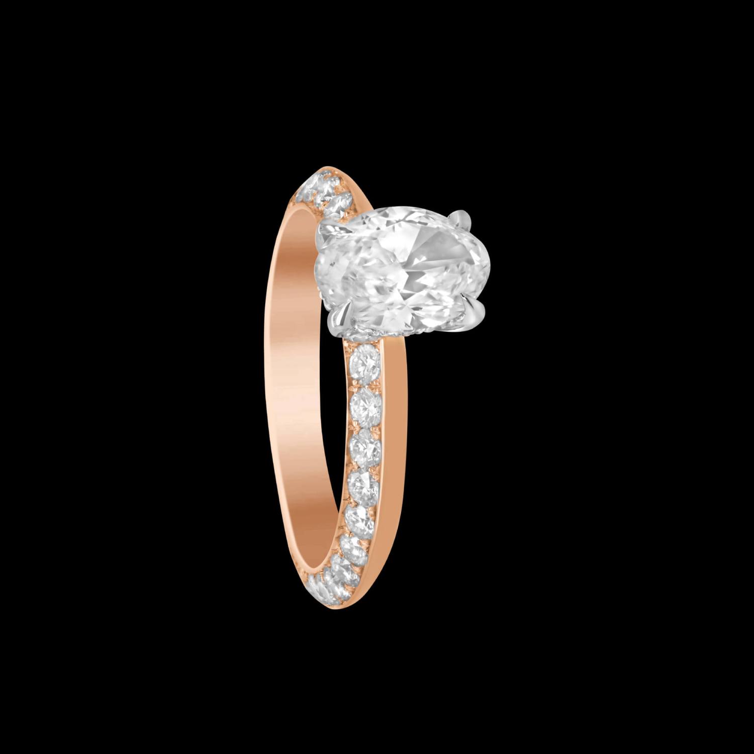 Bespoke 18kt pink and white gold solitaire engagement ring with an oval centre diamond and diamond knife edge shank | Classic. FRIDA | Fine Jewellery.
