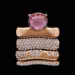 Custom 18kt pink gold Strata stacking rings with a pink tourmaline gemstone and diamonds | Strata Collection. FRIDA | Fine Jewellery.