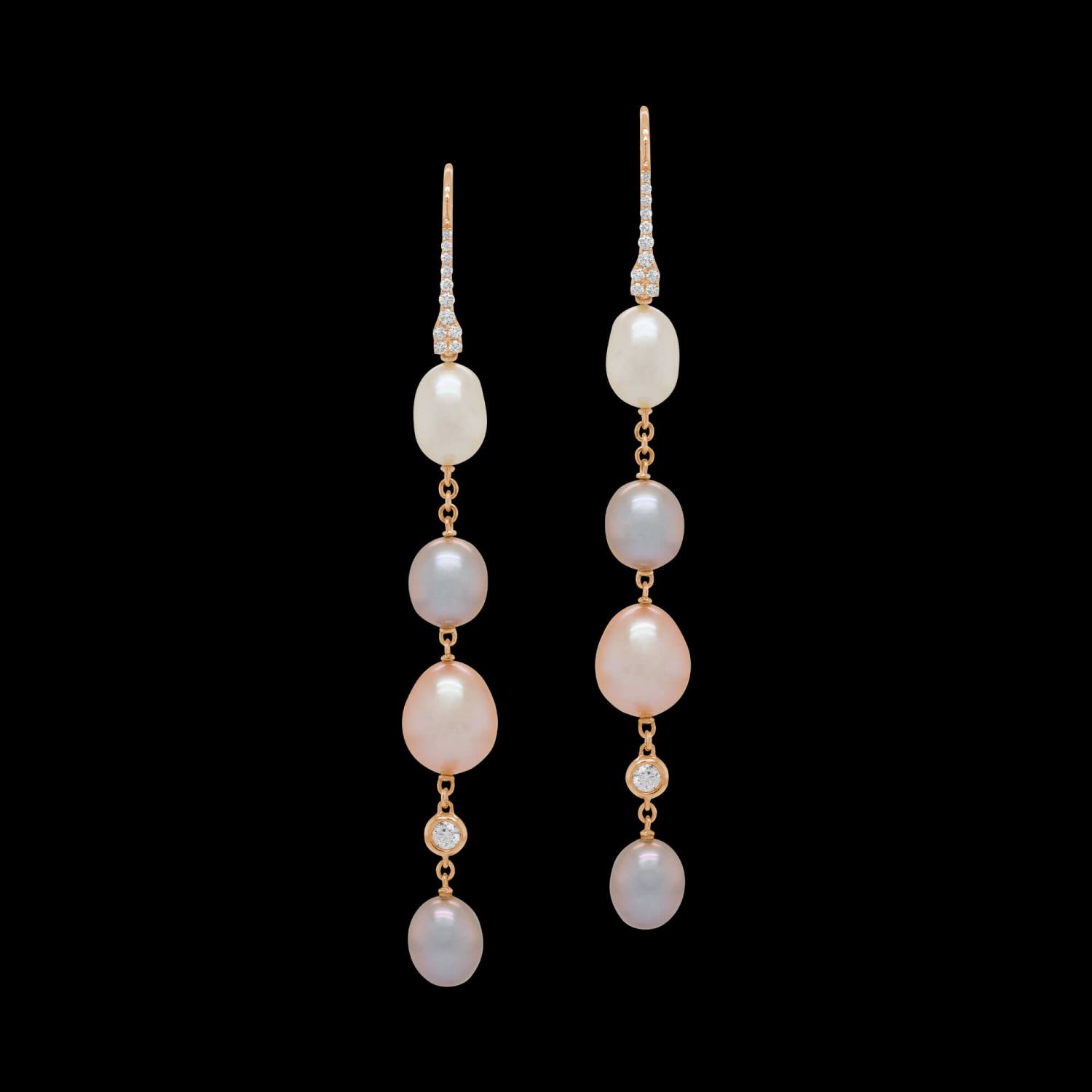 Custom 18kt pink gold drop earrings with mixed freshwater pearls and diamonds. FRIDA | Fine Jewellery.