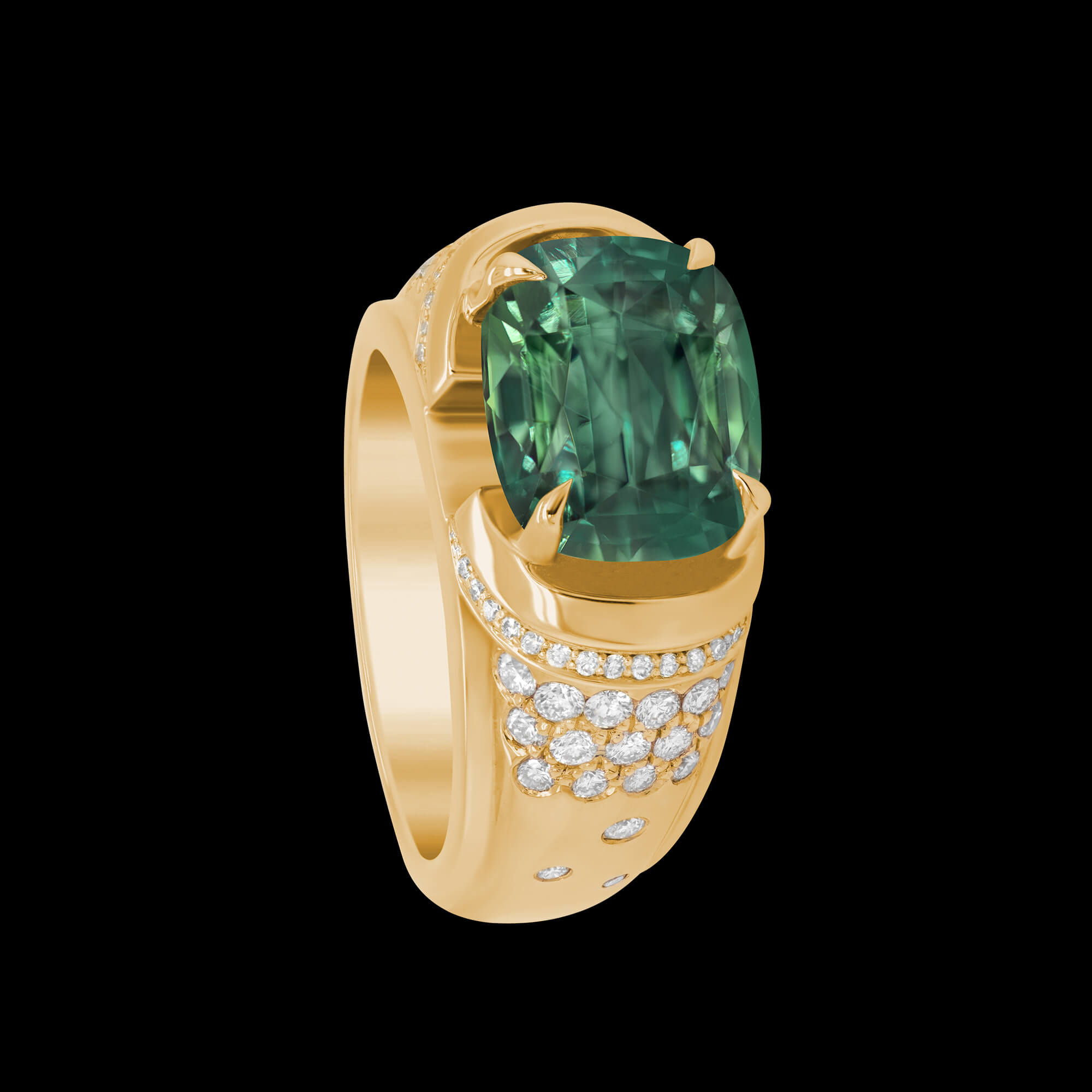 Custom 18kt yellow gold Nova ring with a cushion green sapphire and diamonds. Celestial Collection. FRIDA | Fine Jewellery.
