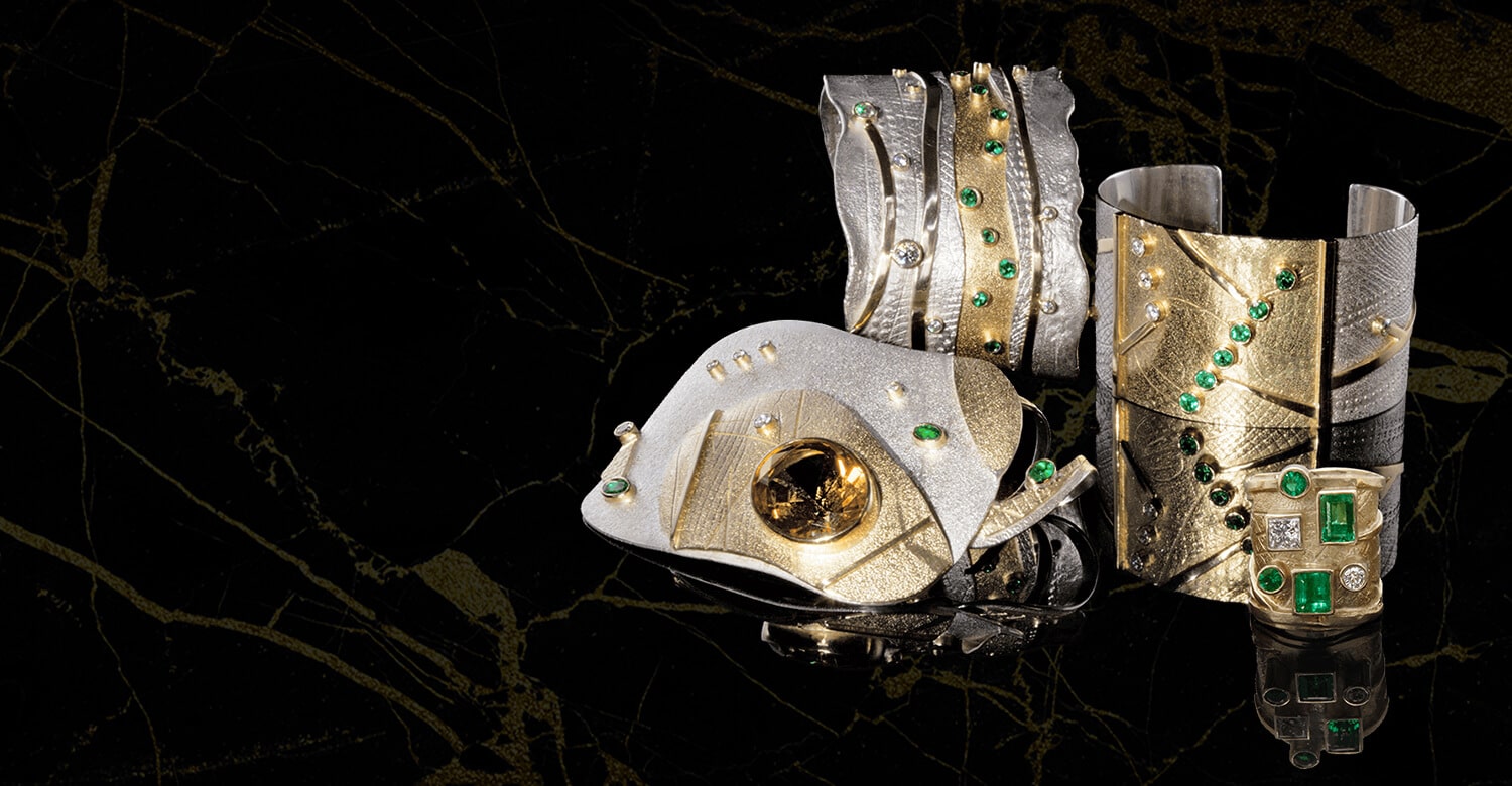 Shield collection banner. 18kt gold, sterling silver and rare gemstones. FRIDA | Fine Jewellery.