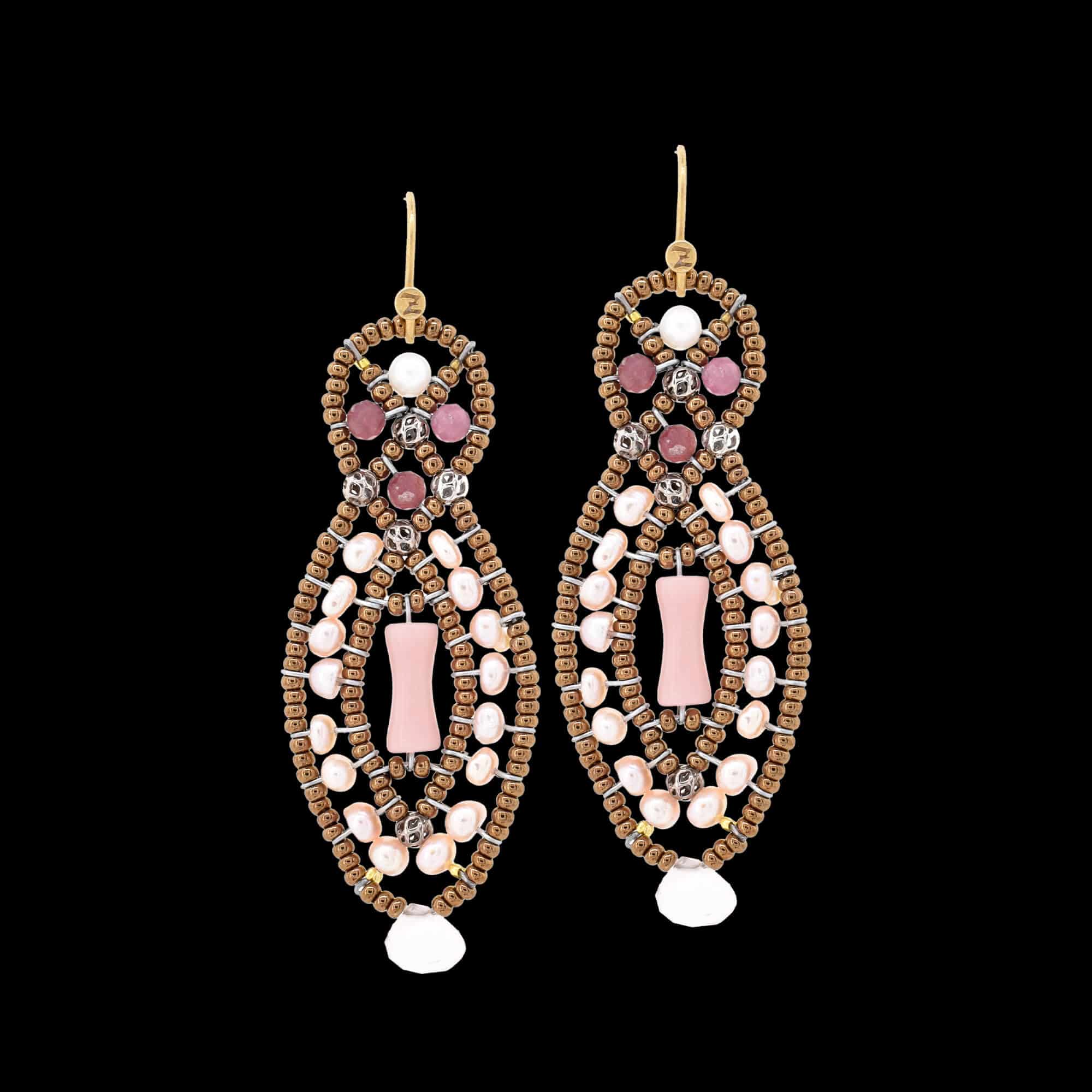 Astraea Pink dangle earrings with opal, pearls, tourmaline and Murano glass beads. Featured Brand | ZIIO. FRIDA | Fine Jewellery.