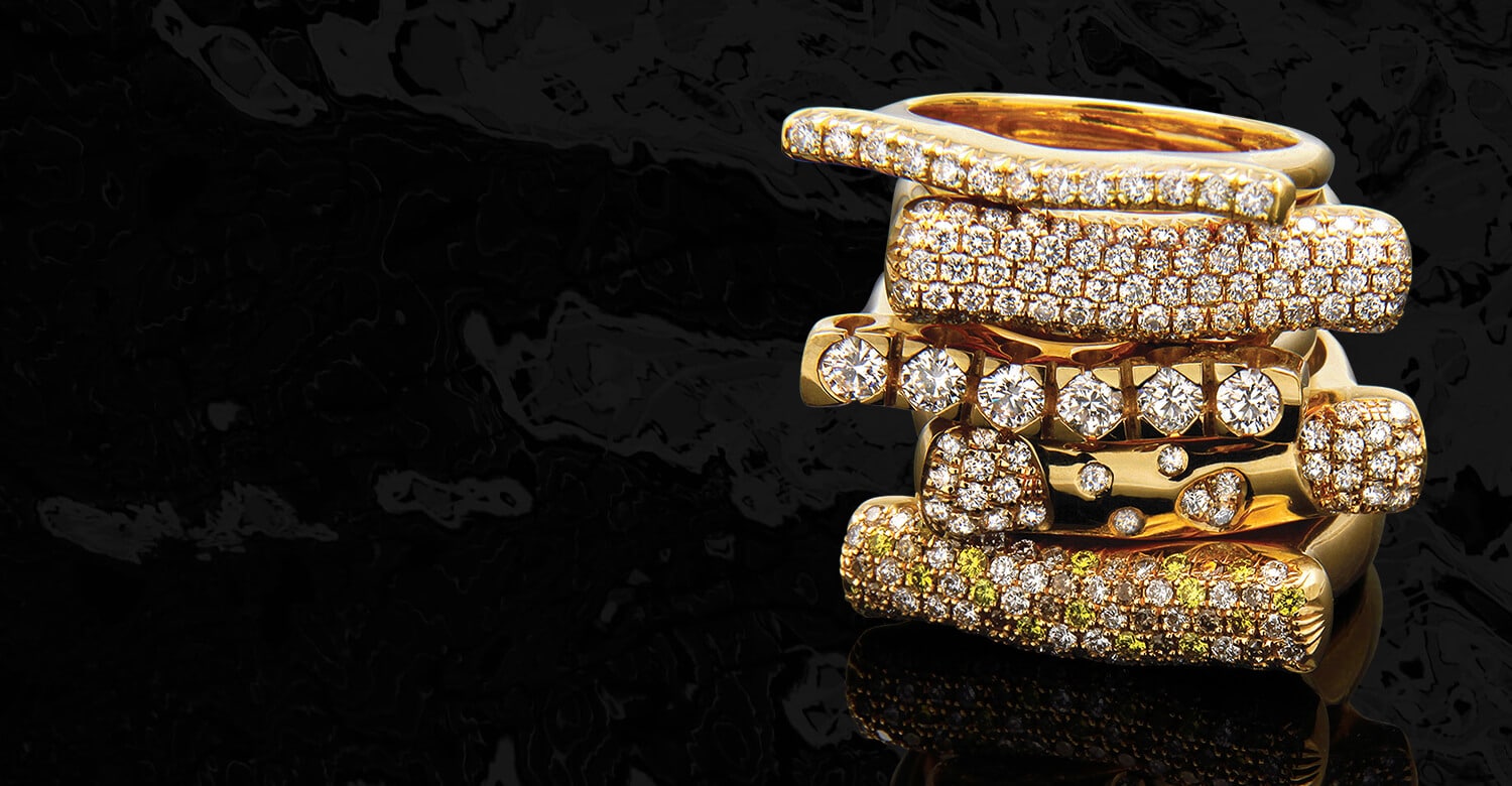 Strata collection banner. Stacking 18kt gold rings with diamonds. FRIDA | Fine Jewellery.