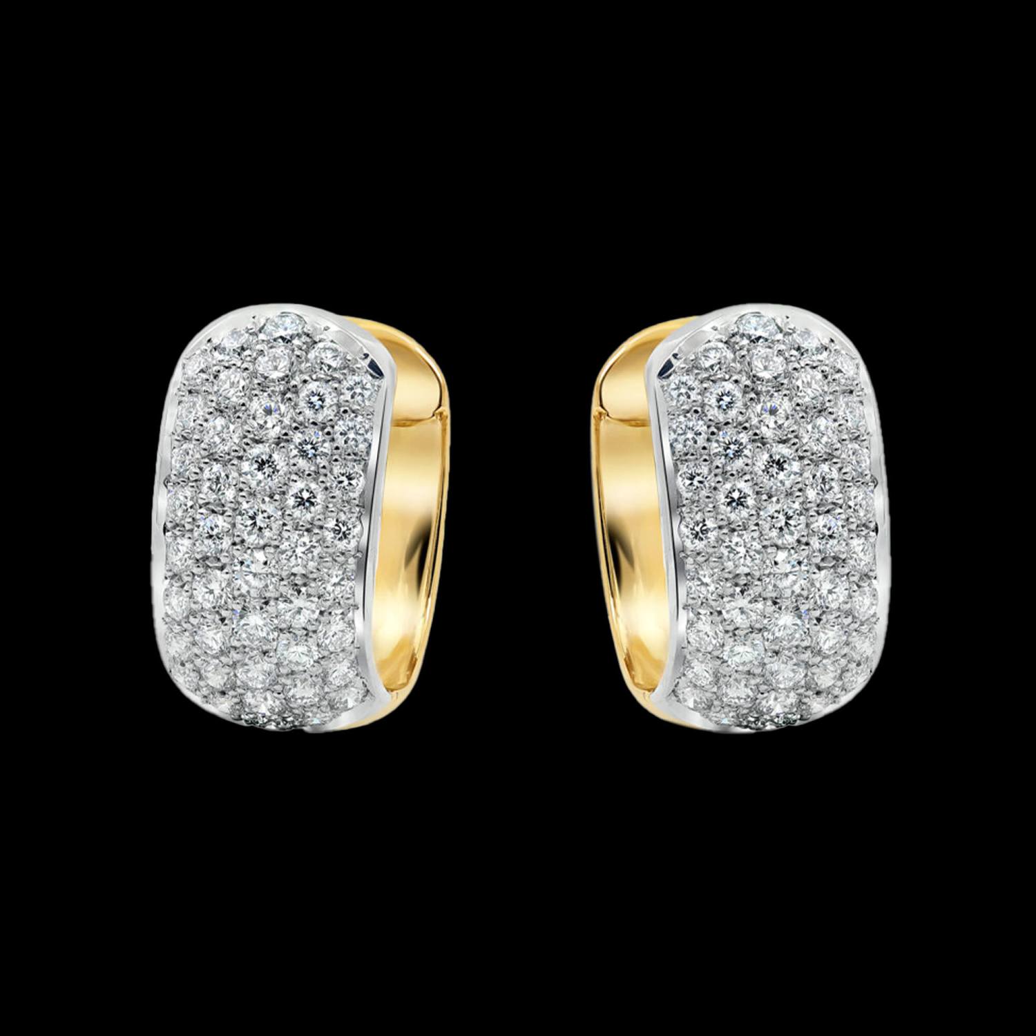 Custom two tone white and yellow gold statement huggie earrings with 5 rows of pave diamonds. FRIDA | Fine Jewellery.