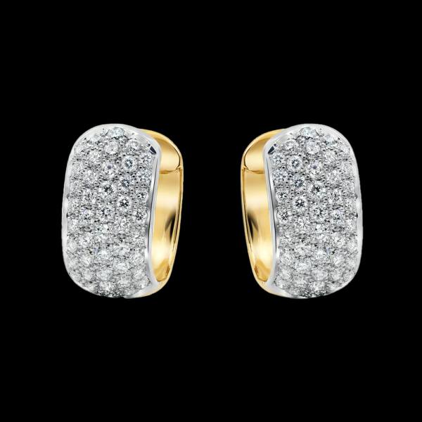 Custom two tone white and yellow gold statement huggie earrings with 5 rows of pave diamonds. FRIDA | Fine Jewellery.