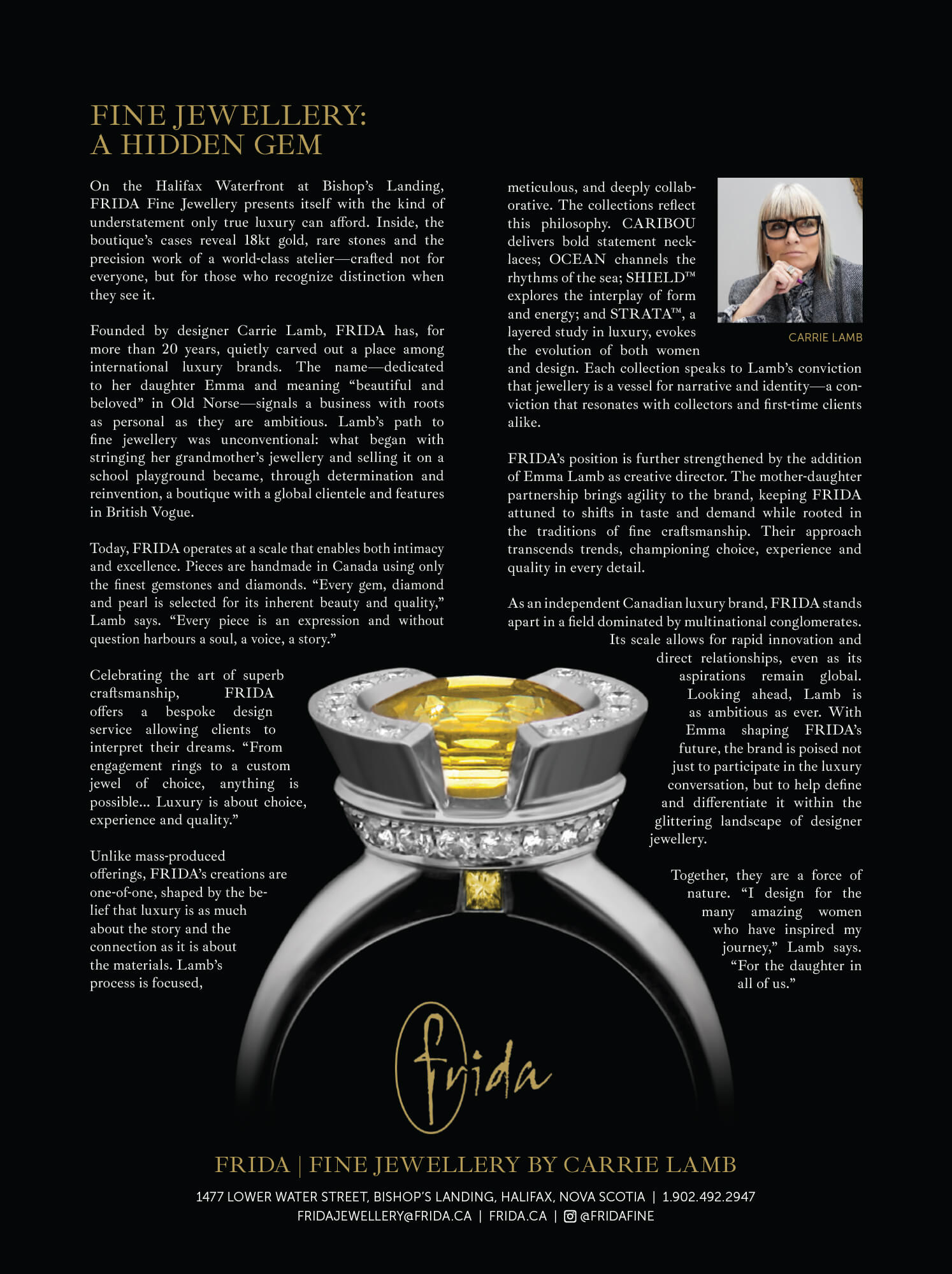 Custom fine Jewellery. Atlantic Business Magazine September 2025. FRIDA | Fine Jewellery. Halifax, Nova Scotia.