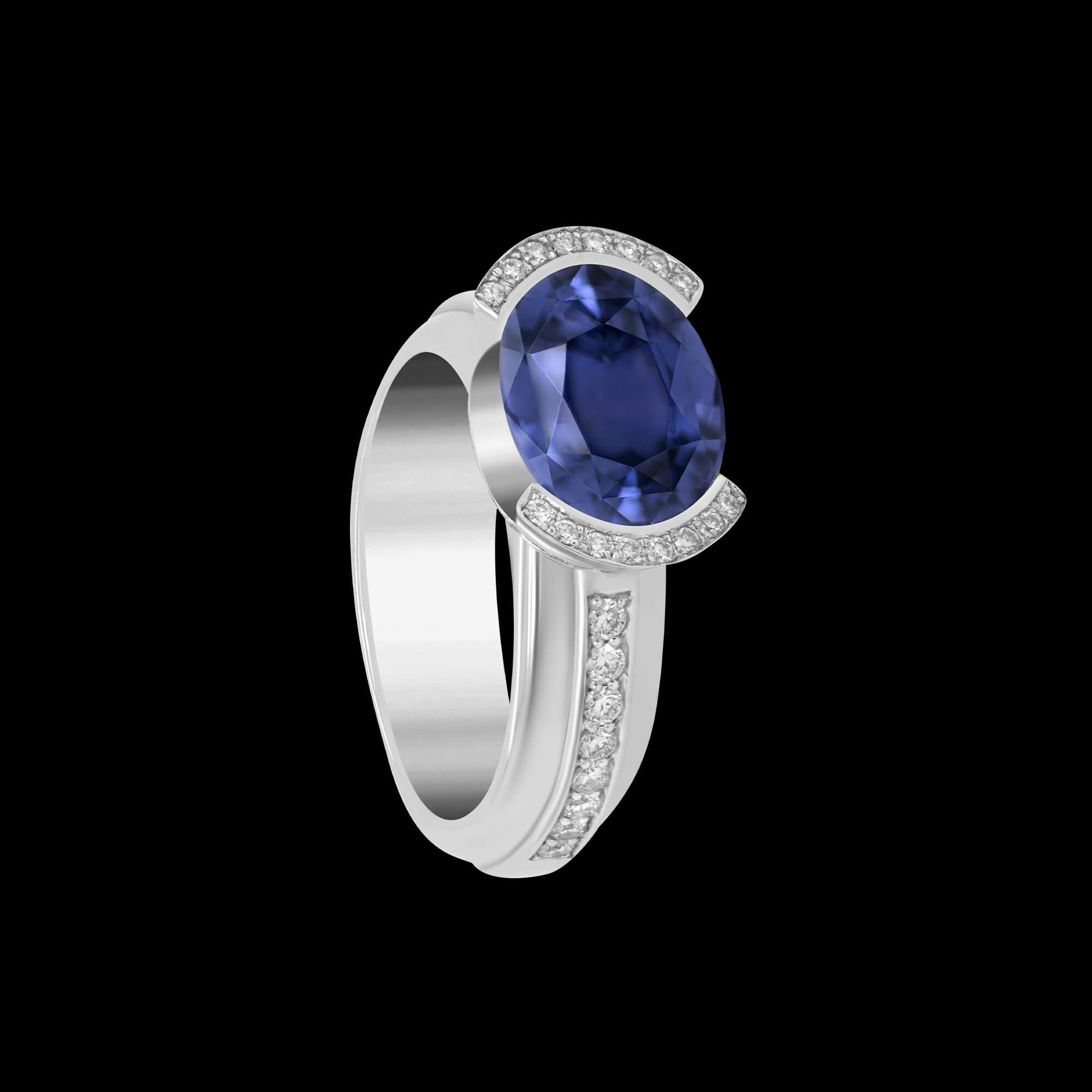 Custom 18kt white gold Luna ring with a blue spinel and diamonds | Celestial Collection. FRIDA | Fine Jewellery.