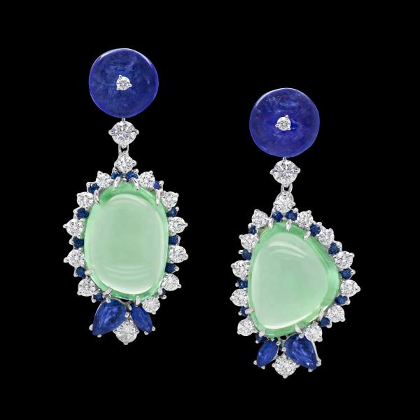 Custom one-of-a-kind 18kt white gold drop earrings with free-form Paraiba tourmaline, Tanzanite, blue sapphires and diamonds. FRIDA | Fine Jewellery.